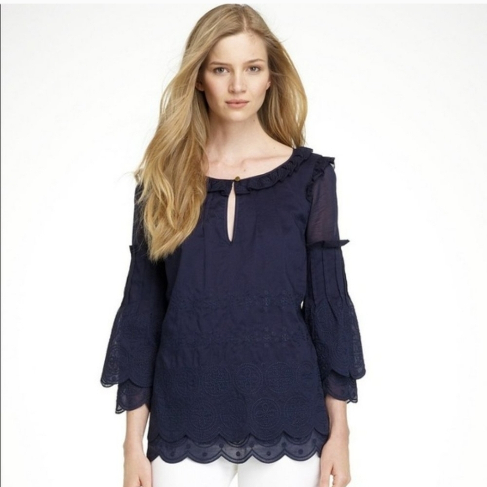 Tory Burch Elegant Chelsie Embroidered  Navy Ruffle Blouse